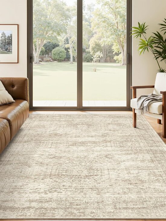 5x7 Area Rugs Beige Low Pile Indoor Washable Trendy Faded Style Rugs for Bedroom